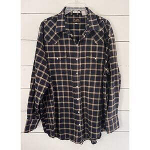 Plains Western Wear Pearl Snap Long Sleeve Western Shirt Navy Blue/Tan Plaid 2X